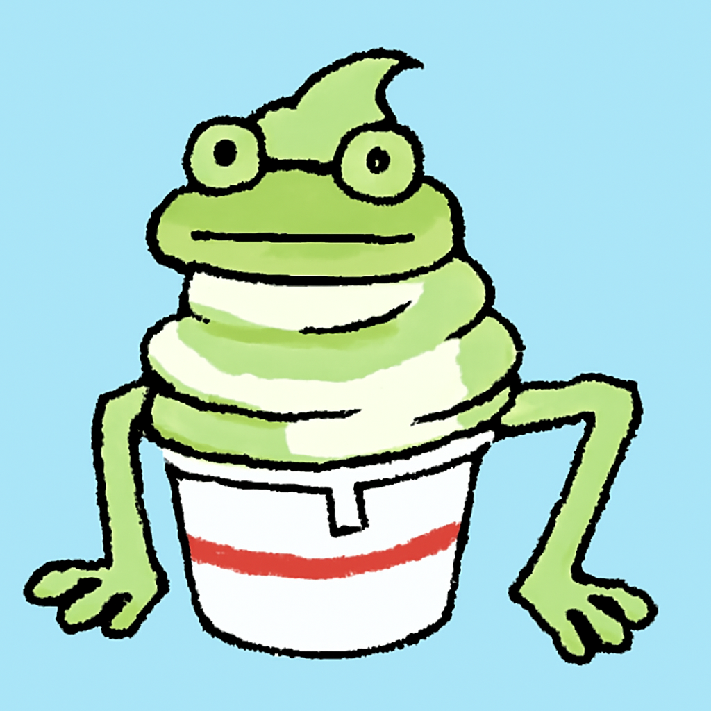 A frog whose body is a swirl of frozen yogurt, sitting in a paper cup